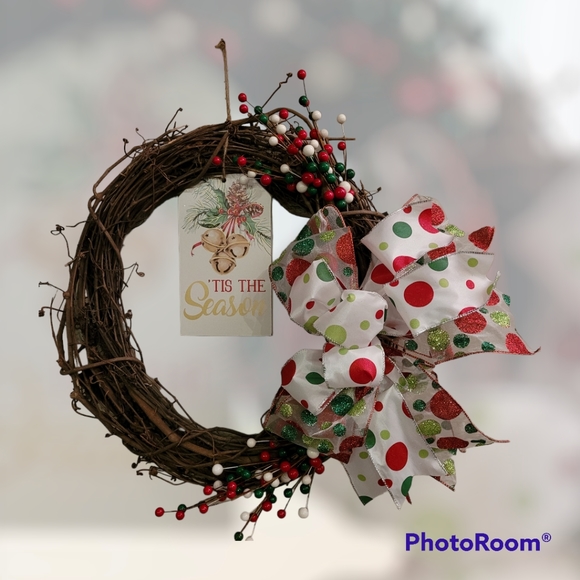 Grapevine Christmas Wreath,  'Tis the Season Wreath, Bow Ribbon Wreath - Picture 3 of 3